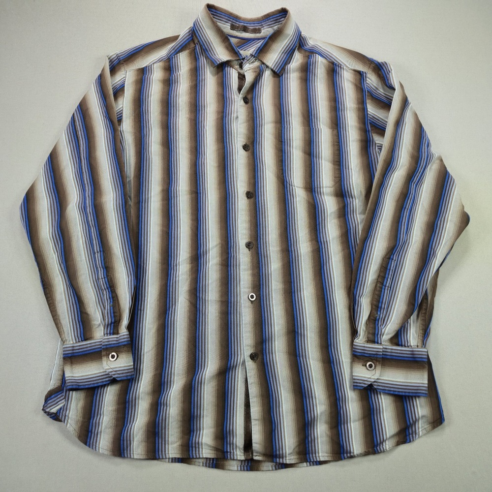 Tommy‎ Bahama Button Front Shirt Cotton Silk Stripe Brown Blue Mens Size M